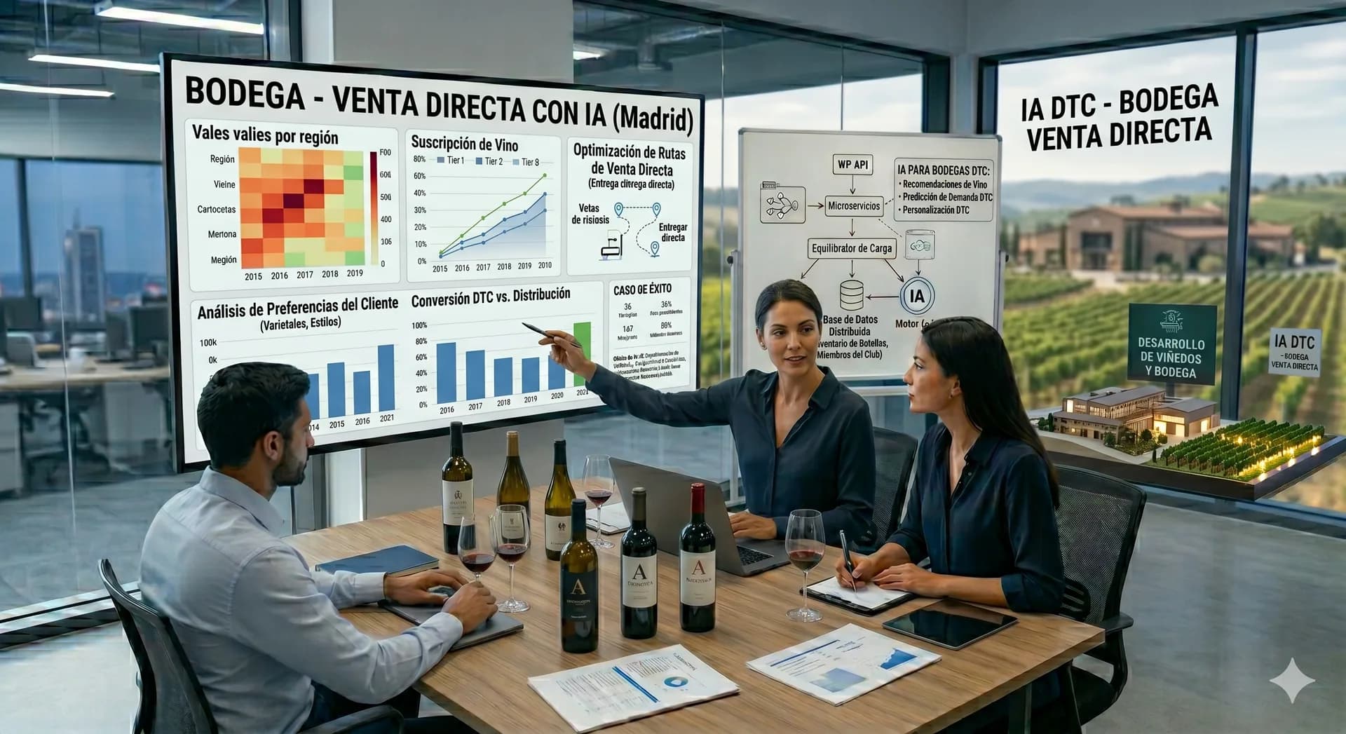 Equipo de una bodega analizando una estrategia de venta directa, suscripciones y recomendaciones con inteligencia artificial