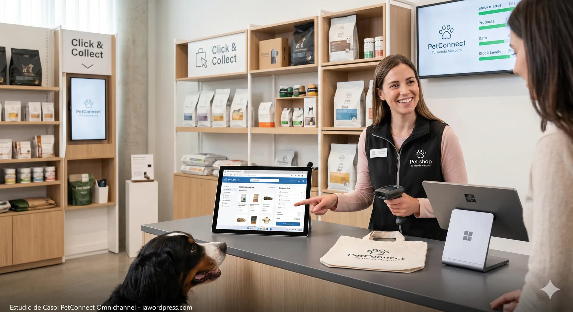 Dependienta atendiendo un pedido digital en una tienda de mascotas con experiencia omnicanal