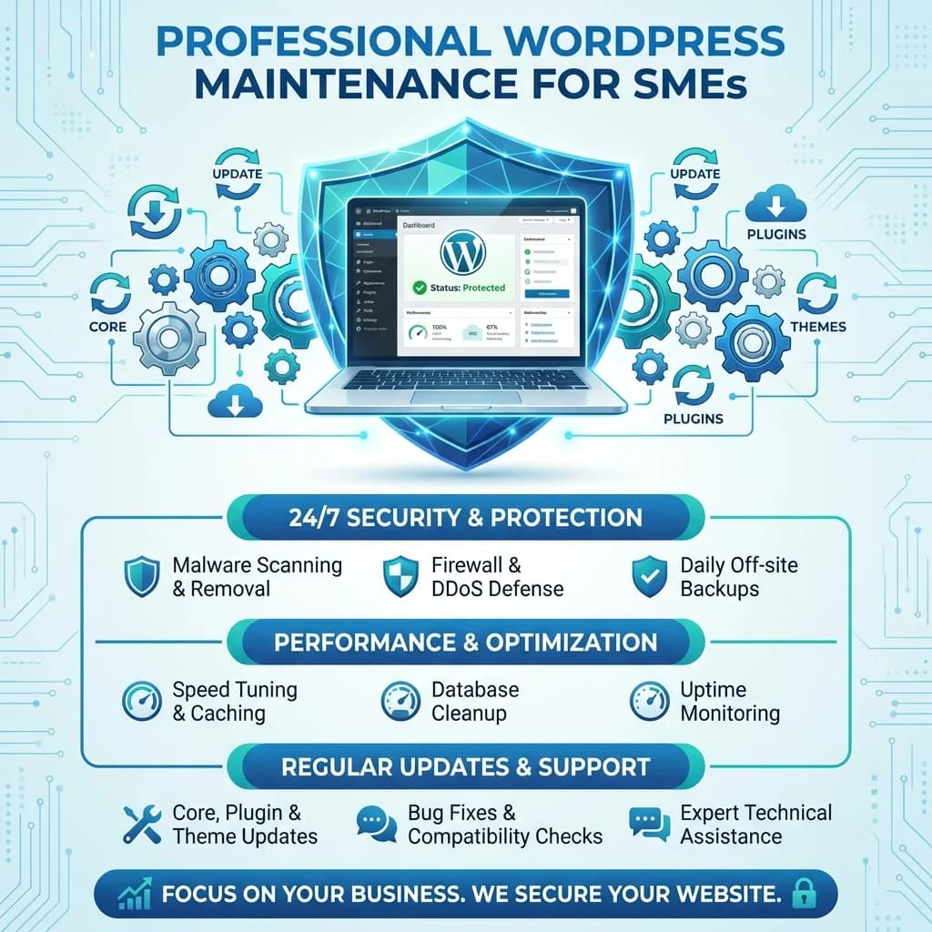 Infografía: proceso completo de mantenimiento wordpress pymes paso a paso para pymes