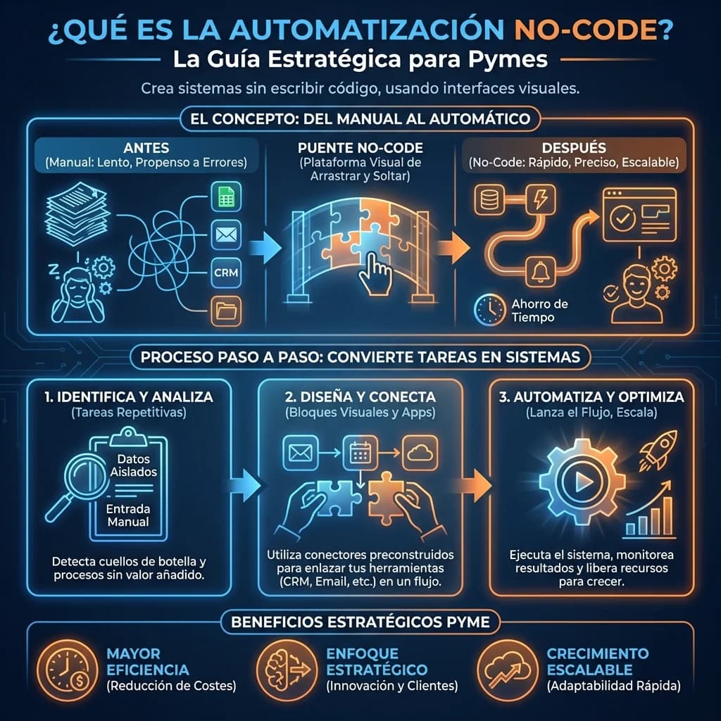 Infografía: proceso completo de que es automatizacion no code paso a paso para pymes