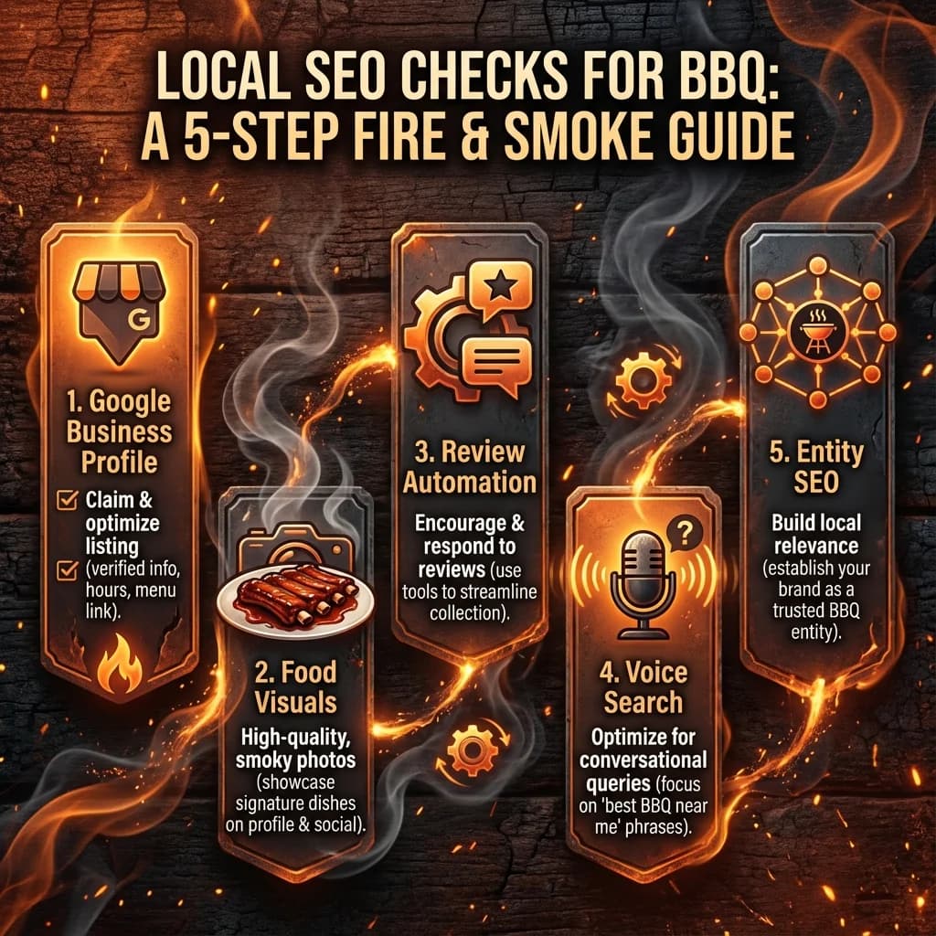 Infografía: proceso completo de seo automatizado restaurante bbq paso a paso para pymes