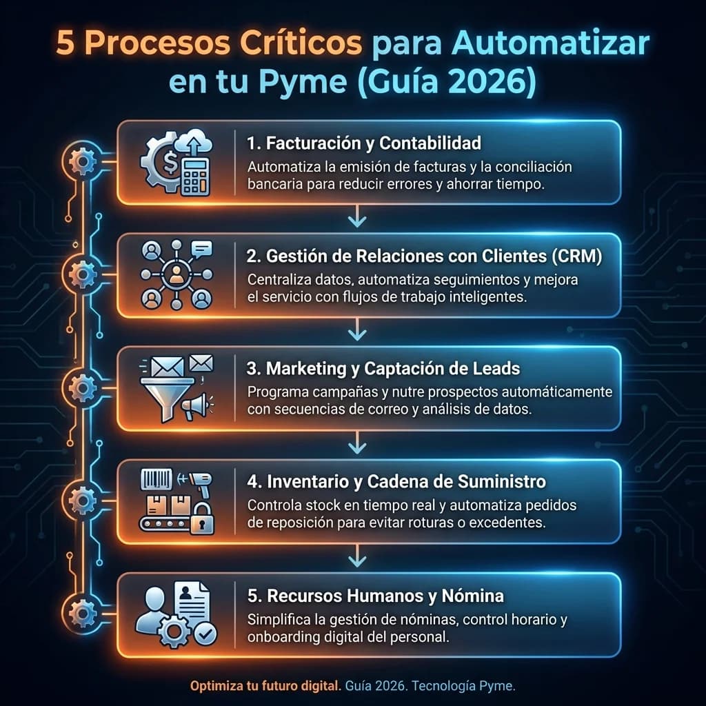 Infografía: proceso completo de 5 procesos automatizables paso a paso para pymes
