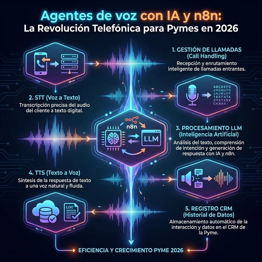 Infografía: proceso completo de n8n agentes llamadas voz ia paso a paso para pymes